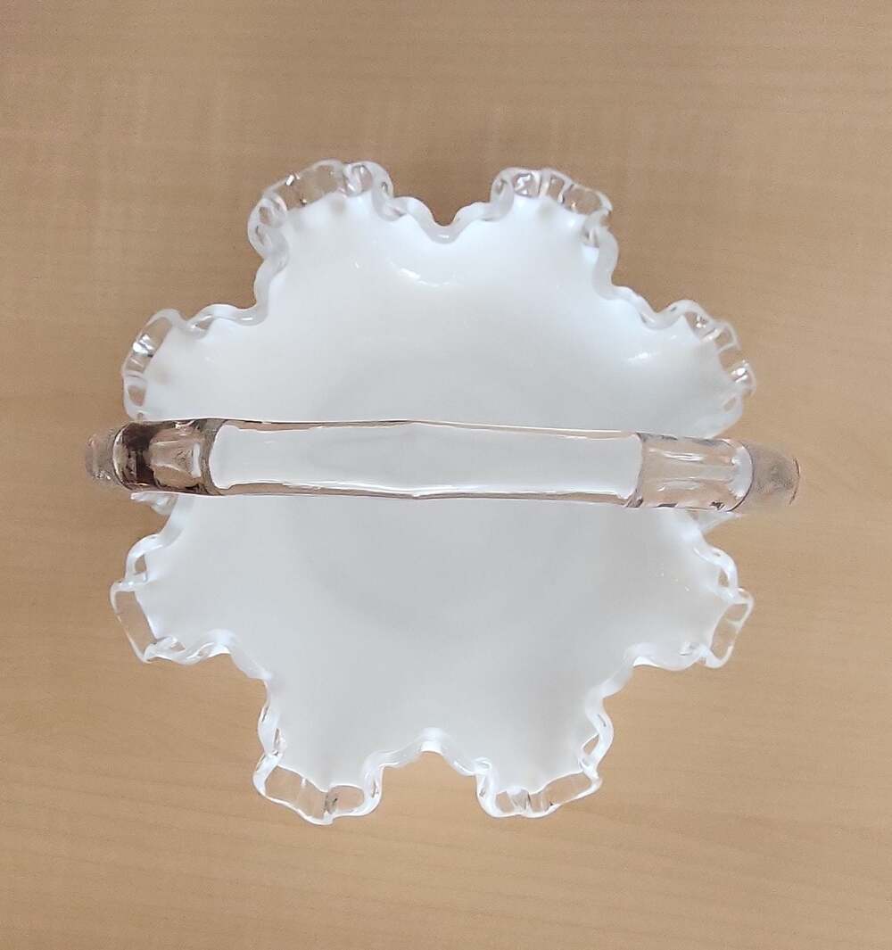 Vintage Fenton Milk Glass Ruffled Edge Basket with Clear Handle - Picture 3 of 4